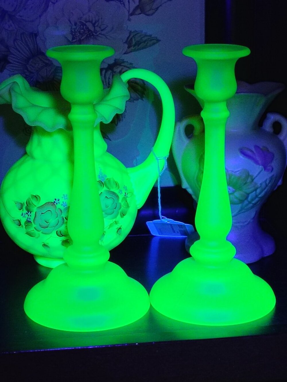 Tiffin Vintage Satin Green Uranium Glass Candlesticks UV Reactive 9" Set Emerald